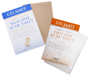 Gel Mate™ medical-grade silicone scar sheets available in Smooth Beige and Clear options for scar management.