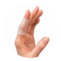 Close-up of fingers wearing mineral oil-enriched Gel Tubes to cushion and protect fingers and reduce pressure and friction.