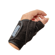 Hand wearing a black 3pp Prima Thumb Brace designed to support the thumb CMC joint and help relieve arthritis pain.