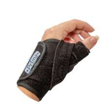 Hand wearing a black 3pp Prima Thumb Brace designed to support the thumb CMC joint and help relieve arthritis pain.