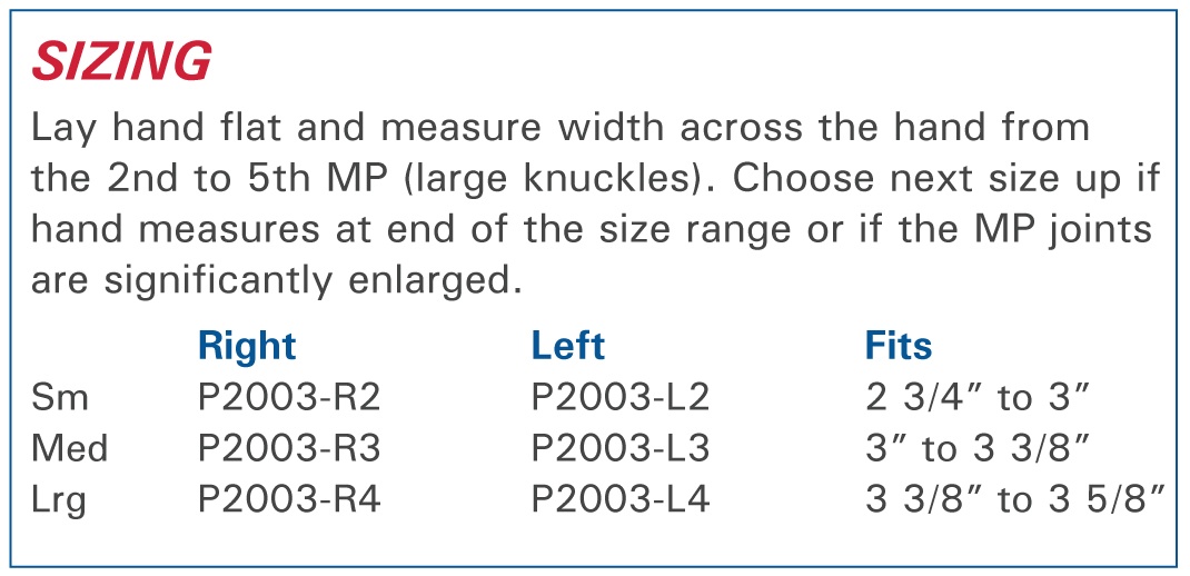 Radial Hinged Ulnar Deviation Splint Sizing Information